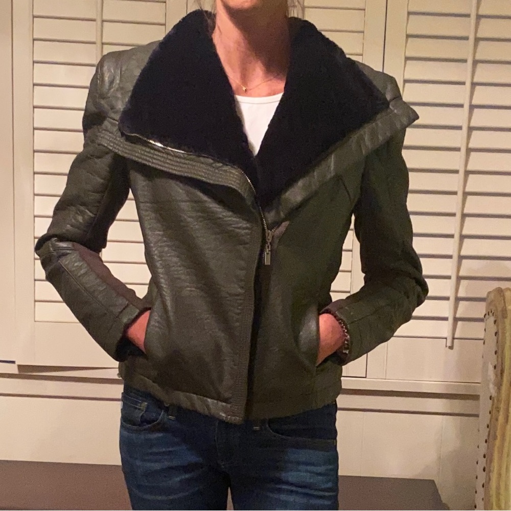Love Token green faux fur leather jacket/coat